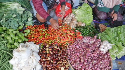 High angle view of vegetables for sale in market