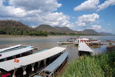 Wooden boats at the mekong river of luang prabang in laos southeast asia