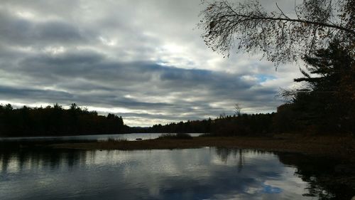 Scenic view of lake against cloudy sky