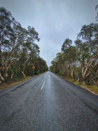 Empty road amidst trees against sky