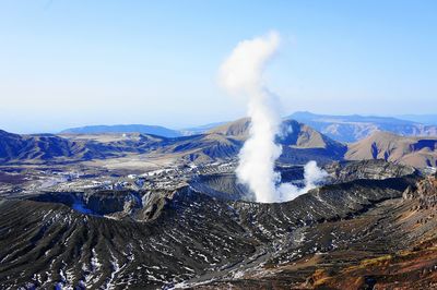 Scenic view of smoke emitting mount aso against clear sky