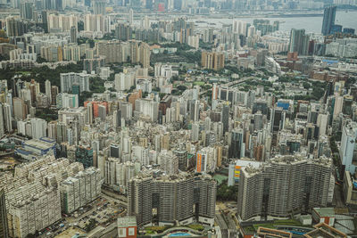 High angle view of modern buildings in city