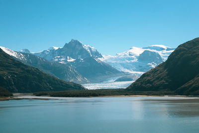 Scenic view of lake and snowcapped mountains against clear blue sky