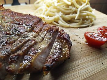 Close-up of food served on table