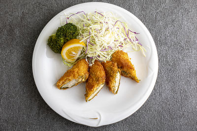 High angle view of food in plate on table