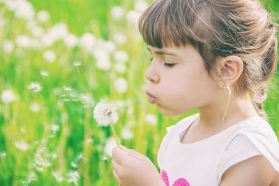 Close-up of girl blowing dandelion