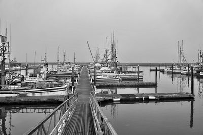 Boats moored at harbor against clear sky