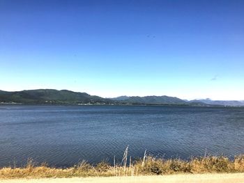 Scenic view of lake against clear blue sky