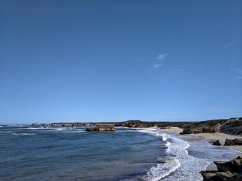 Scenic view of sea against clear blue sky