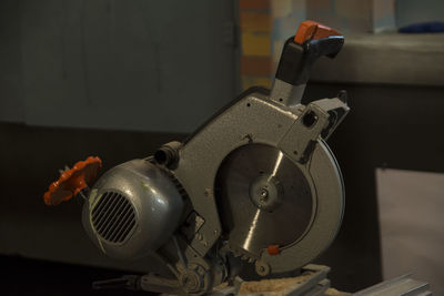 Close-up of circular saw in factory