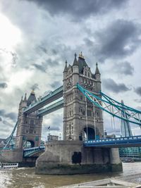 Low angle view of bridge over river against cloudy sky