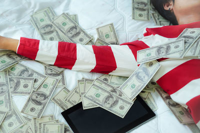 High angle view of red and hat