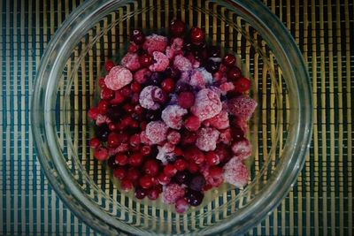 Directly above shot of frozen berry fruits in bowl on table