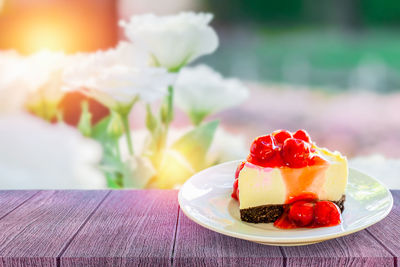 Close-up of cake served on table