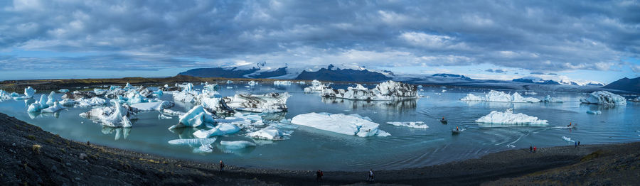 Panoramic view of frozen lake against sky