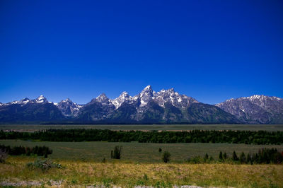 Scenic view of snowcapped mountains against clear blue sky