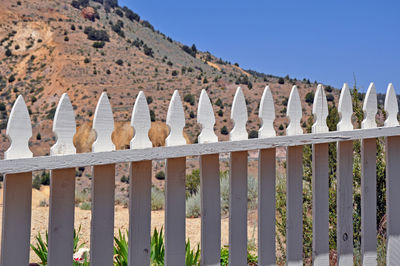 Close-up of fence against clear blue sky