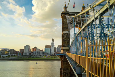 Bridge over river with buildings in background