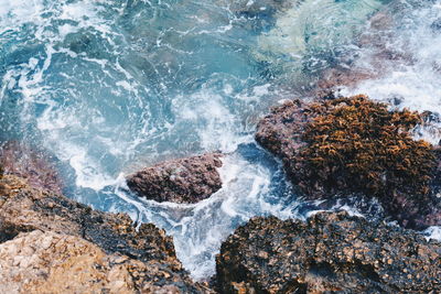 High angle view of rocks on sea shore