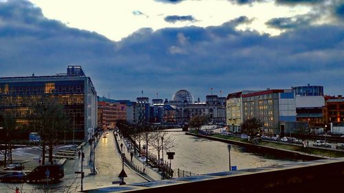 View of city at waterfront against cloudy sky