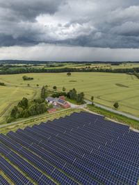 Aerial photo of louisegård solar park, by rødkilde gods and european energy, svendborg, denmark