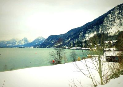 Scenic view of lake and mountains against sky