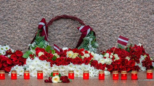 High angle view of red flowering plants on table