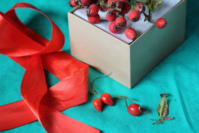 High angle view of christmas decorations on table