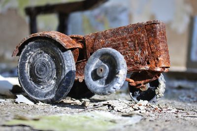 Close-up of abandoned toy truck