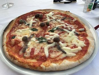 High angle view of pizza in plate on table