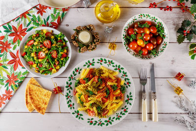 High angle view of food served on table