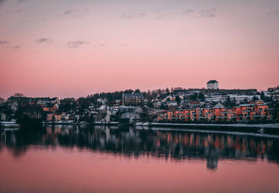 Scenic view of town against sky during sunset