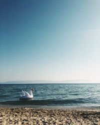 Inflatable swan on sea against clear sky