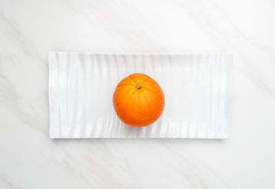 High angle view of orange fruit on white table