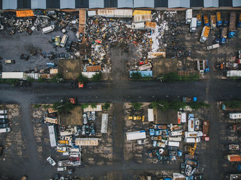 High angle view of street and buildings in city