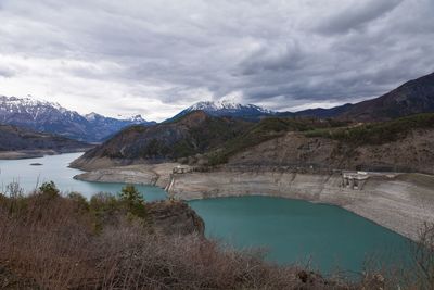 Scenic view of lake and mountains against sky