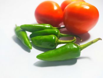 Close-up of green chili pepper against white background