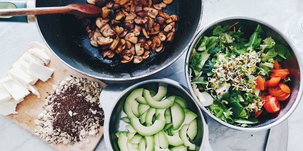 High angle view of chopped vegetables in bowl on table