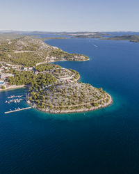 High angle view of bay against clear sky