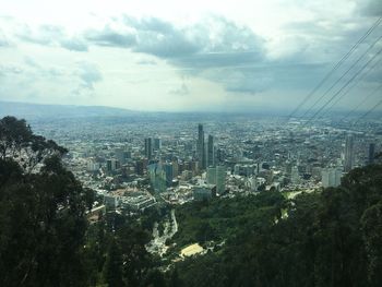 High angle view of city buildings against sky