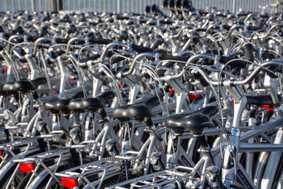 Close-up of bicycles in parking lot