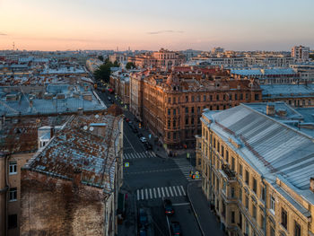 Aerial photo of street with old residential buildings in saint petersburg, russia. 