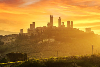 Buildings in city during sunset