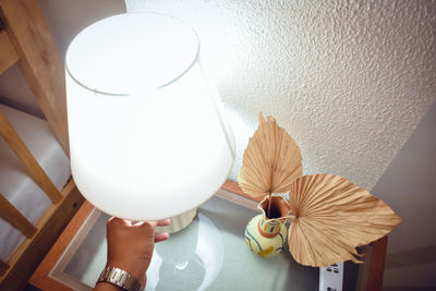 Midsection of man holding lamp shade