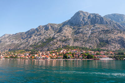 Coastal town with resorts . kotor montenegro scenery . houses on the seaside