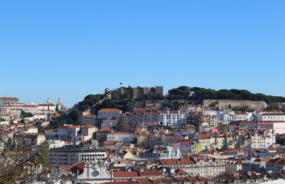 View of town against blue sky