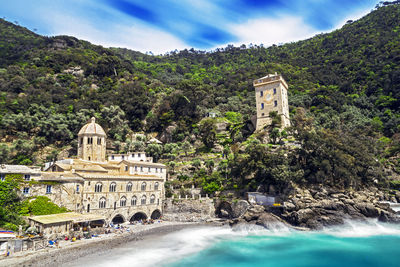 San fruttuoso abbey panorama and small village beach , portofino