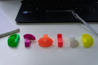 High angle view of multi colored pencils on table