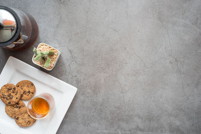 High angle view of breakfast served on table