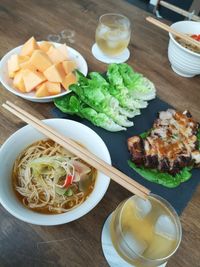 High angle view of meal served on table